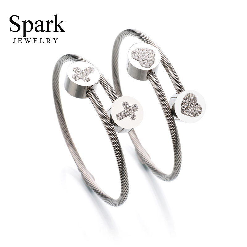 

Spark Jewelry Lovely Women Wire Bracelets Stainless Steel Crystal Heart and Cross Style Steel Color Charm Jewelry Gift Bijoux