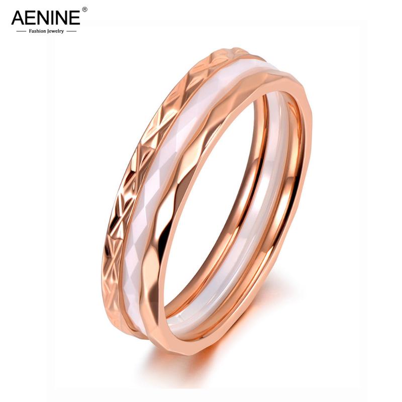 

AENINE Original Design Titanium Steel White/Black Cut Ceramic Ring Jewelry Rose Gold Wedding Engagement Rings For Women AR19135