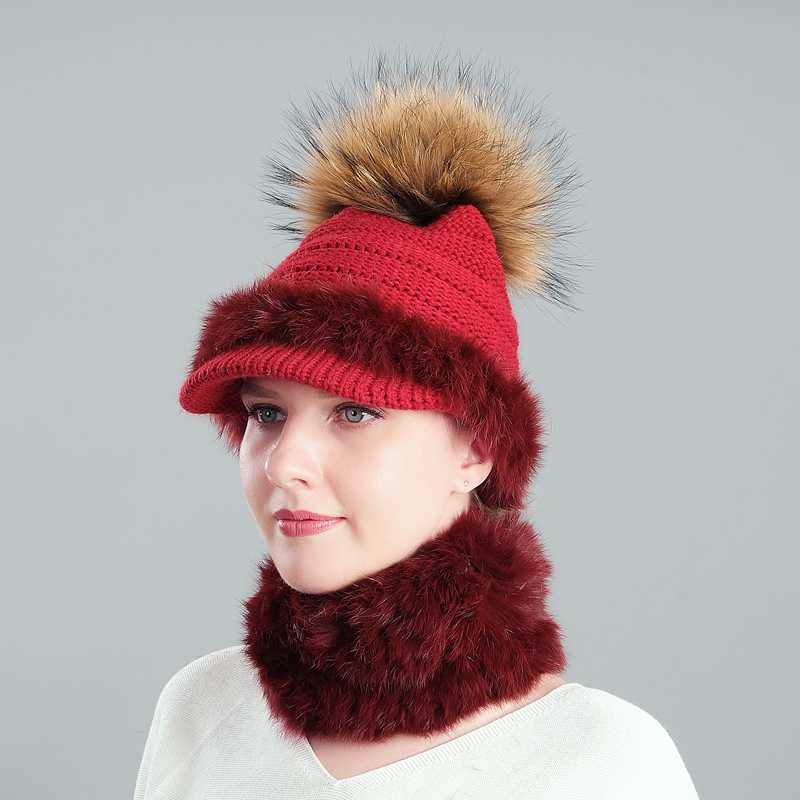 

Autumn and winter hat brim woolen hat cap duck tongue real raccoon fur ball fur ear protection scarf set