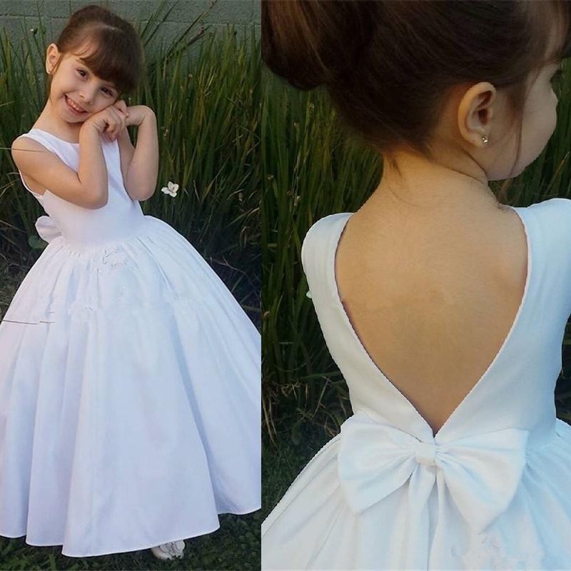 

White Stain Backless Flower Girl Dresses For Weddings Bow Jewel Floor Length Birthday Party Gown First Holly Communion Dresses, Custom color
