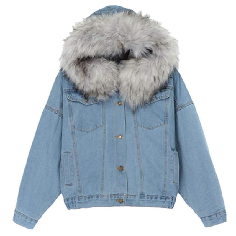 

Faux Fur Hooded Outwear Women Coat Fashion Denim Jacket Casual Winter Daily Warm Elastic Hem Button Down Thick Long Sleeve, Grey