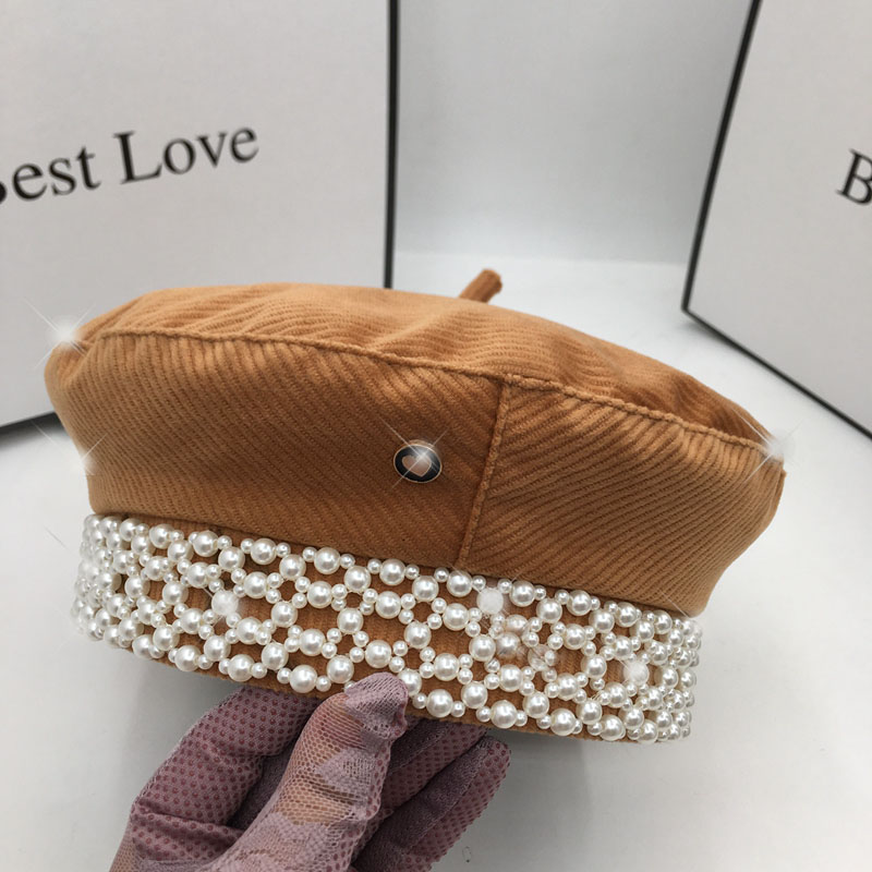 

The new brown corduroy women's beret with pearls painter female socialite women's hat