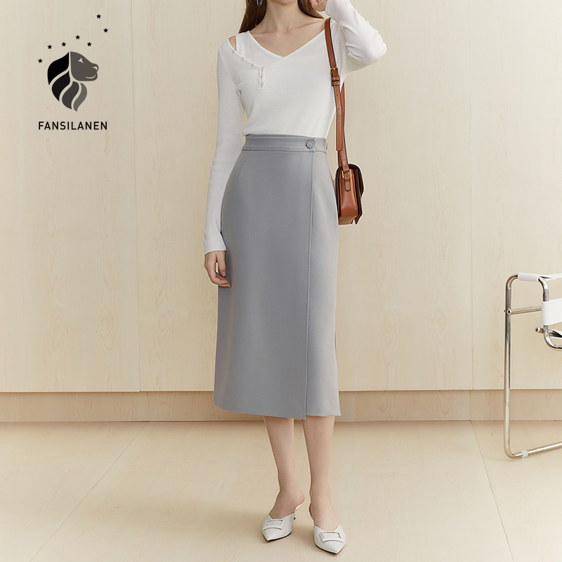 

FANSILANEN Office lady high waist a-line skirt Women autumn winter white sexy split long skirt Elegant wrap black bottom, Brown