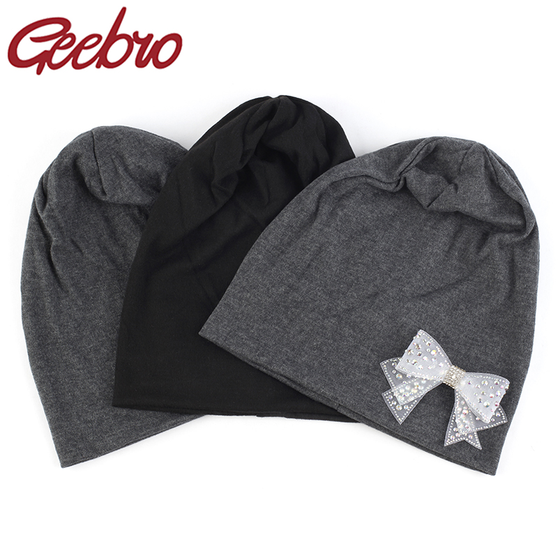 

Geebro 2020 New Women Bow Rhinestone Slouch Beanies Hat Soft Cotton Stretch Skullies Caps Ladies butterfly Autumn Winter hats, Black black-2