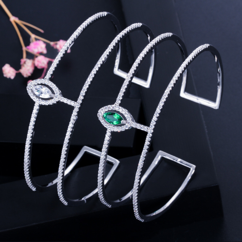 

Bilincolor fashion silver color green cubic zirconia adjustable open wedding bangle for bridal female