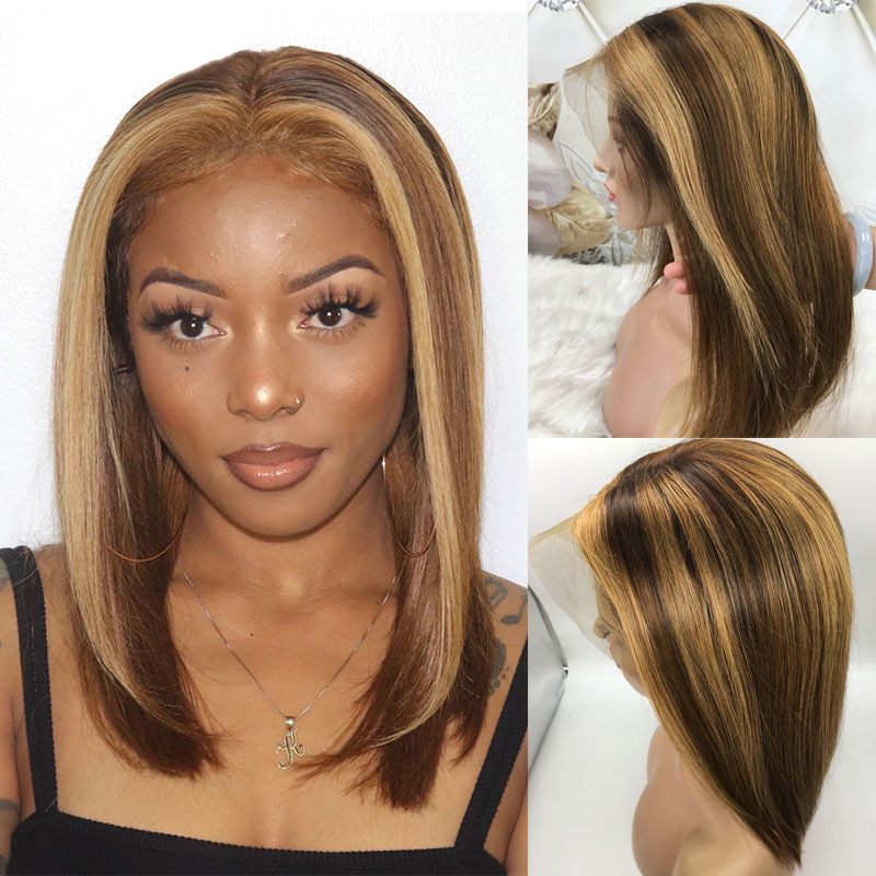 

Ombre Brown Highlight Wig 13x4 Lace Front Wig Colored Human Hair Wigs For Women Straight Bob Lace Front Wigs Pre Plucked, Natural black