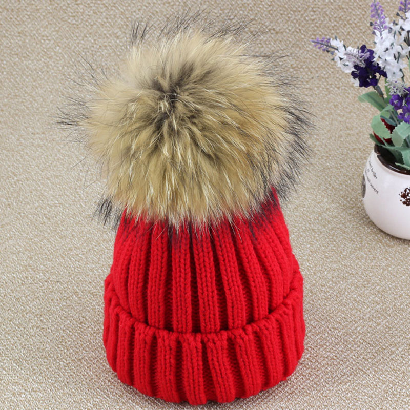 

Unisex Women Men Raccoon Fur Ball Hat Knitted Beanie Pom Pom Cap Autumn Winter Warm Hats New, White