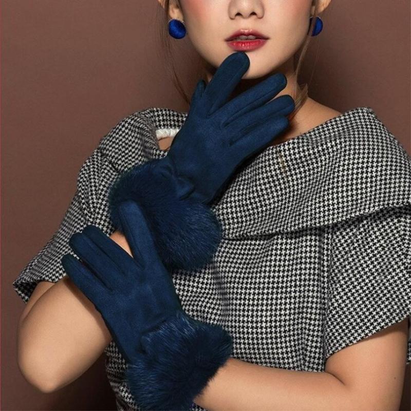 

INDJXND Winter Women Touched Screen Gloves Elegant Warm Cashmere Suede Warm Bow Driving Soft Mittens Wrist Female Outdoor Gloves
