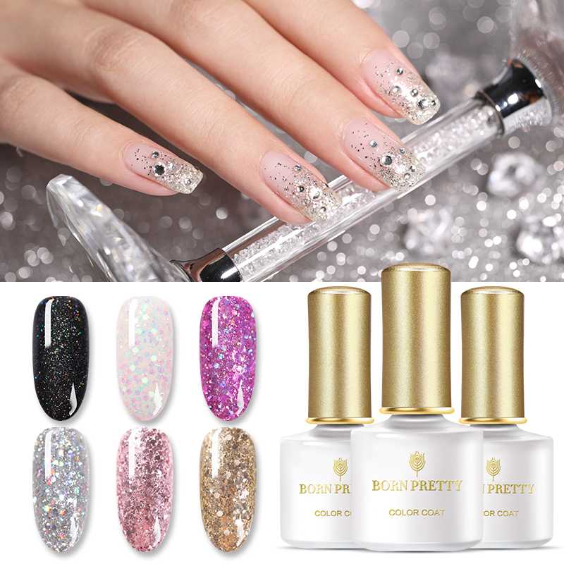 

BORN PRETTY Sequins Gel Polish Glittery Shining Semi Permanent UV Gel Pink Rose Gold Silver Soak Off Nail Art Varnish 6ml, Base coat