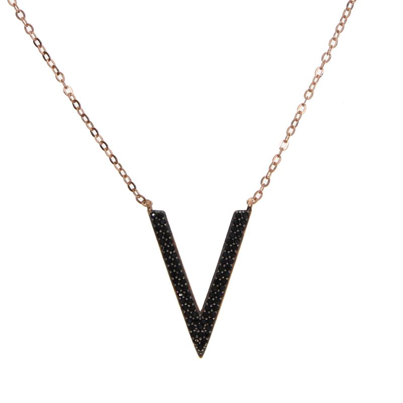 

V Letter Shape Triangle charm with black cz Layer Geometric Pendant Necklaces 925 silver Statement Necklace Jewelry For Women