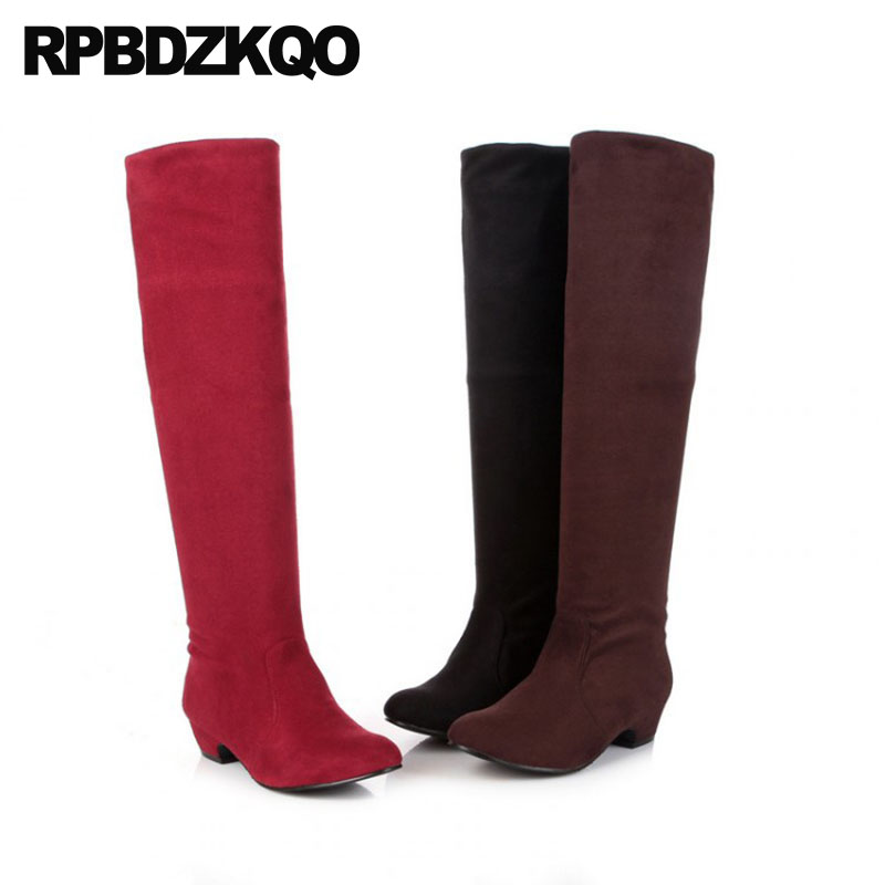 

Long Women Boots Winter 2020 11 Red Big Size Fall Designer Fur Shoes Round Toe 9 10 Slip On Chunky Stretch Knee High Suede, Black