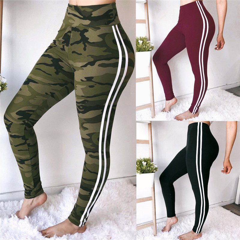 

Women Sports Pants Fashion Side Stripe Weatpants Slim Workout Pants Black Wine Red Camouflage Tummy Control Capris, Winered