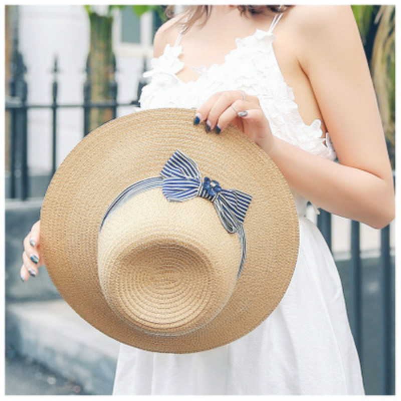 

2020 Summer Women's Boater hat Beach Hat Wide side Female Casual Panama Lady Classic Flat Bowknot Straw Sun Women Fedora, Edging white