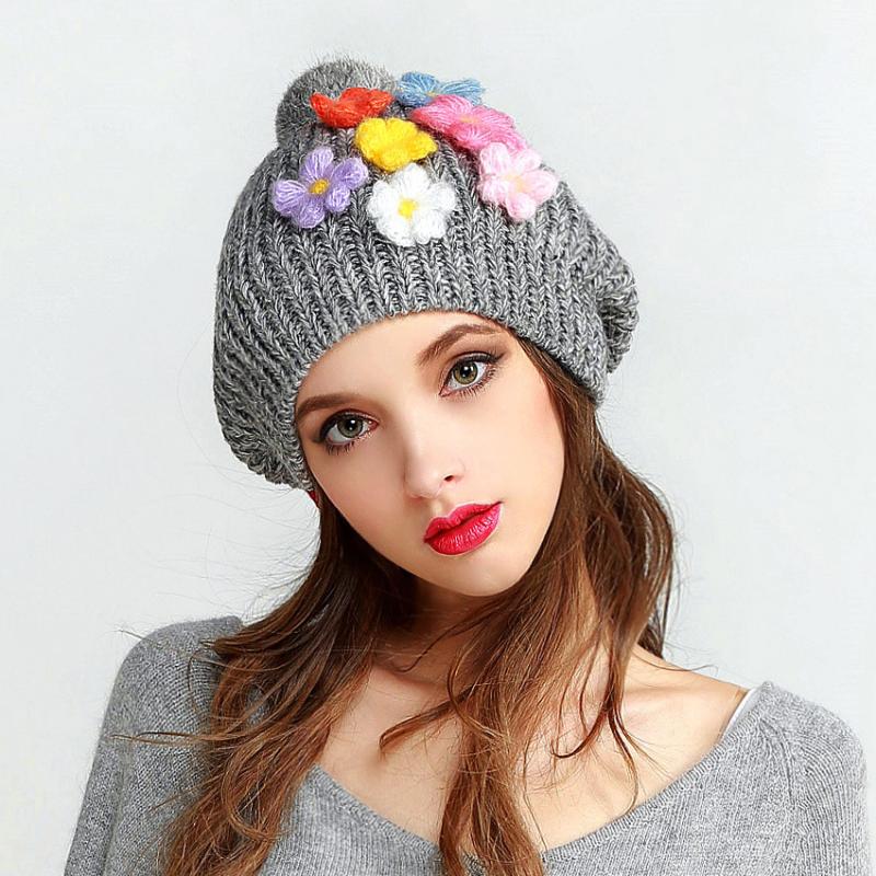 

Chic Casual Winter Warm Women Hat Thick Floral Beautiful Comfortable Female Knitted Beanies Removeable Fur Top Cap, As pic