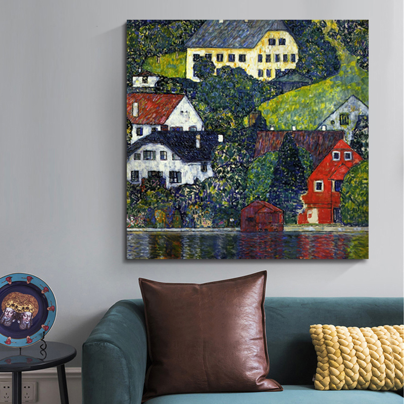 

Houses at Attersee Vintage Europe Canvas Paintings Master Poster Prints DIY Wooden Frame Wall Art Pictures for Living Room Decor