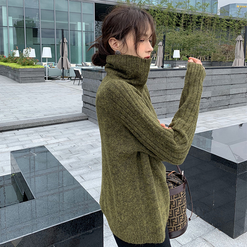

Autumn Winter Women's Sweater Korean Solid Color Pullover Turtleneck Sweater New Loose and Thin Knitted Bottoming Tops LL965, Beige