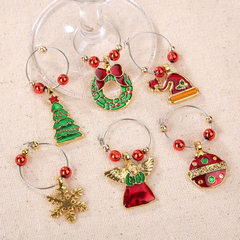 

6pcs/set Christmas Wine Glass Decoration Charms Party New Year Cup Ring Table Decorations Xmas Pendants Metal Ring S1