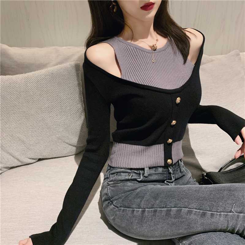 

Fake two Spring Autumn Knitted Ladies crop Top O-neck Slim Women Sweater Fashion Brand Casual off shoulder Pullovers Ins Hipster, Multi