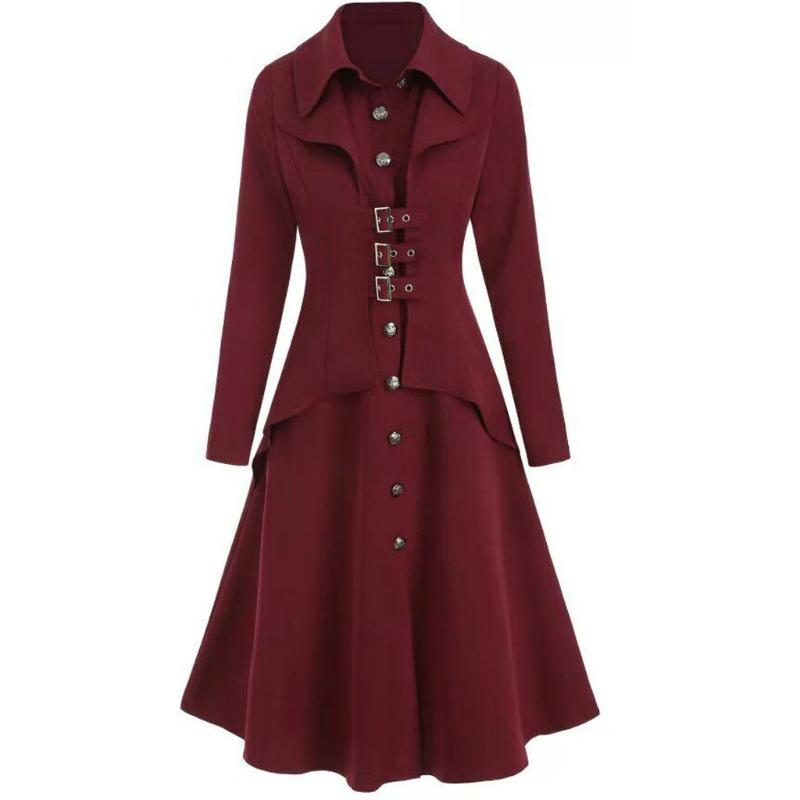 

SAGACE High waist Ladies' autumn winter fashion lapel button long sleeves long swing banquet parties windbreaker jacket, Wine