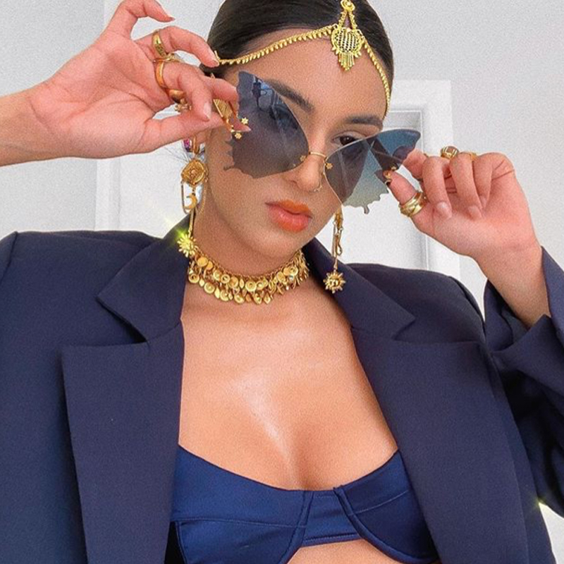 

2020 Fashion Cat Eye Sunglasses For Women Unique Rimless Alloy Overiszed Butterfly Gradient Sun Glasses Female Shades Blue Gray