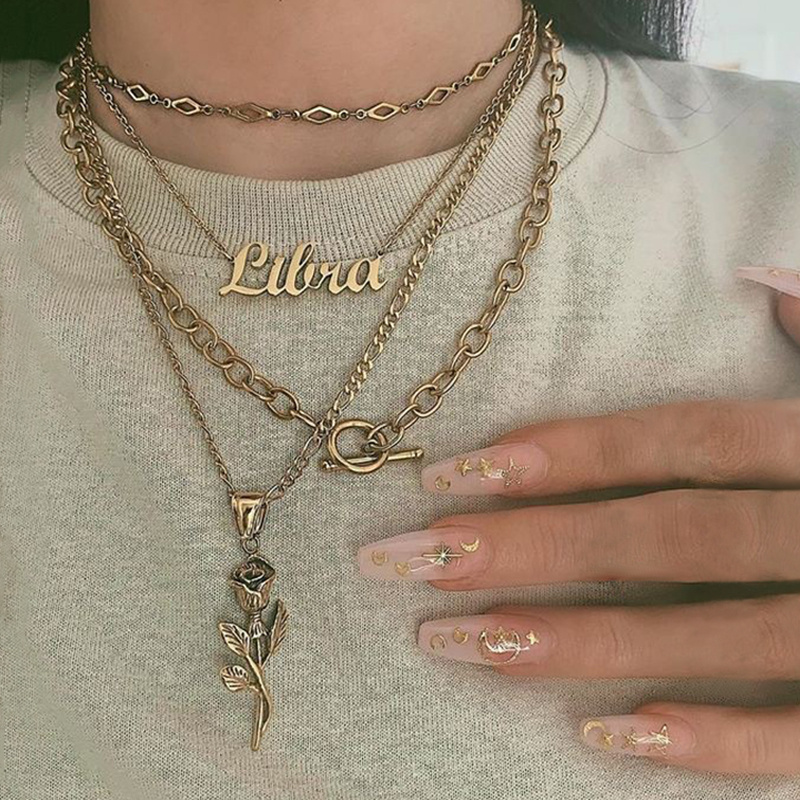 

4Pcs/Set Women Necklace Set Charm Letter Rose Flower Geometric Clavicle Chain Gold Necklace Fashion Birthday Party Jewelry Gift