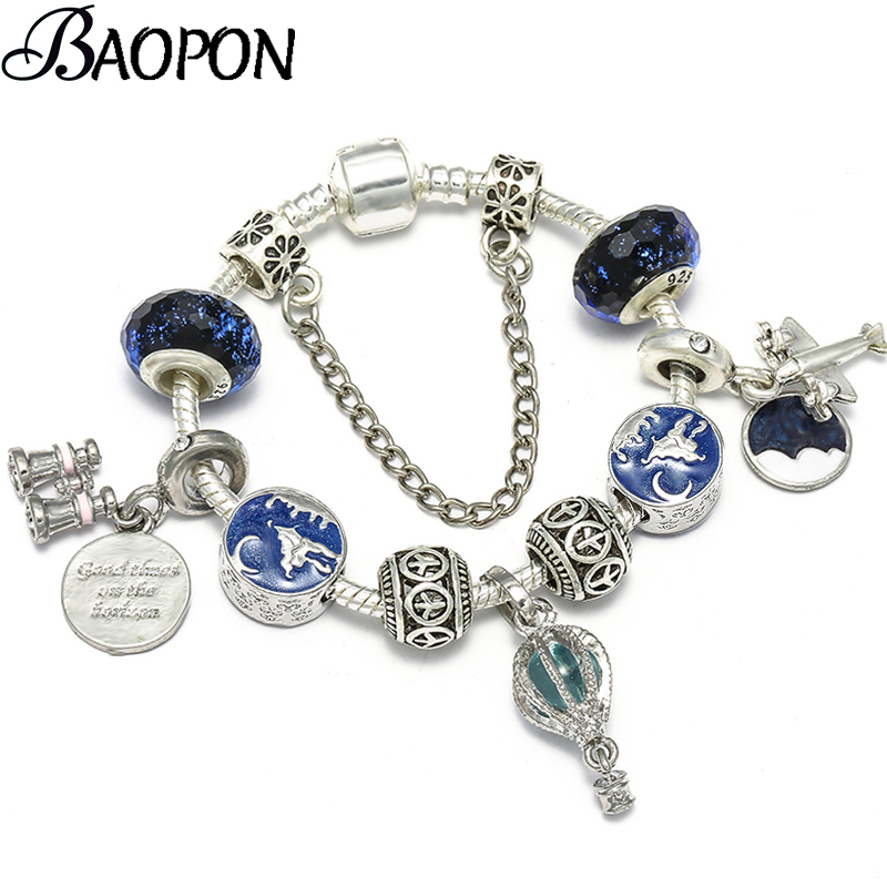 

DIY Telescope & Aircraft Charm Bracelets With Safety Chain Crystal Beads Fine Bracelets for Women Fashion Jewelry Gift