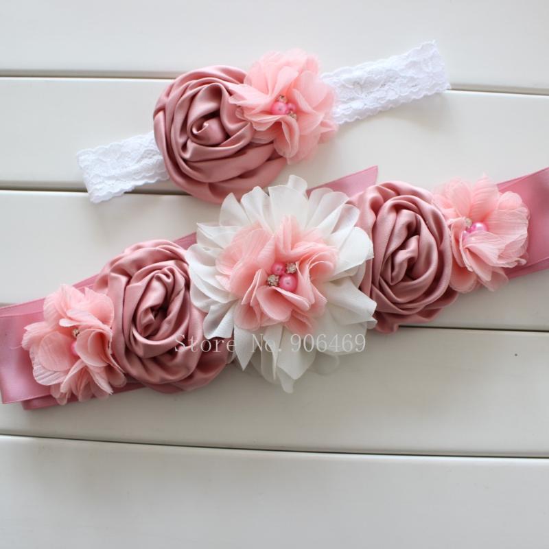 

Fashion Vintage Pink/ivory flower Belt,Girl Woman Sash Belt Wedding Sashes belt with flower headband 1 SET, Red