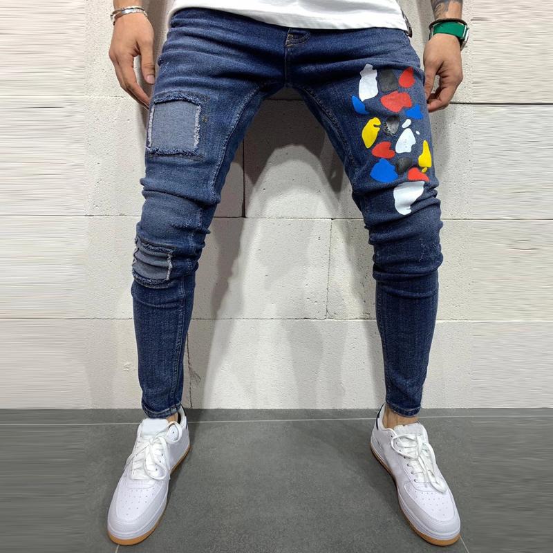 

2020 Summer Men Stretchy Ripped Skinny Biker Embroidery Print Slim Fit Jeans Destroyed Hole Taped Denim Scratched Jean, Blue