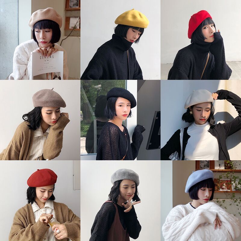 

Berets Caps for Women Boinas Para Mujer Hat Women Autumn and Winter Wool Knitted Beret England Boina Hombre Czapka Zimowa, Black