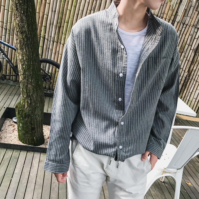 

Fall 2019 flax striped long-sleeved shirt men's Korean version of the trend of loose shirt men's fashion2019, White