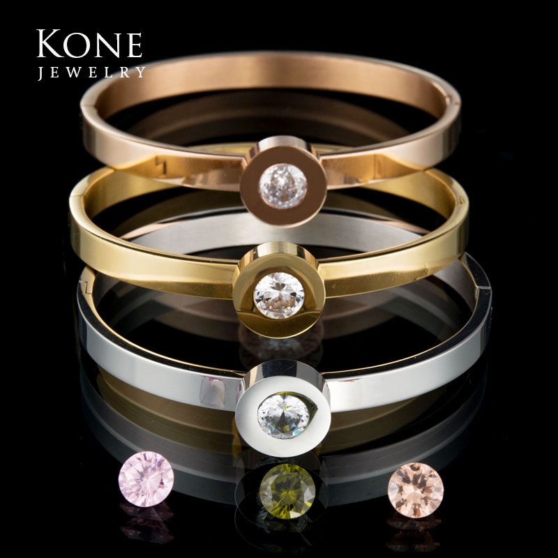 

Luxury Cuff Bracelets Gold Color Stainless Steel CZ Stone Bangle For Women Wedding Gift