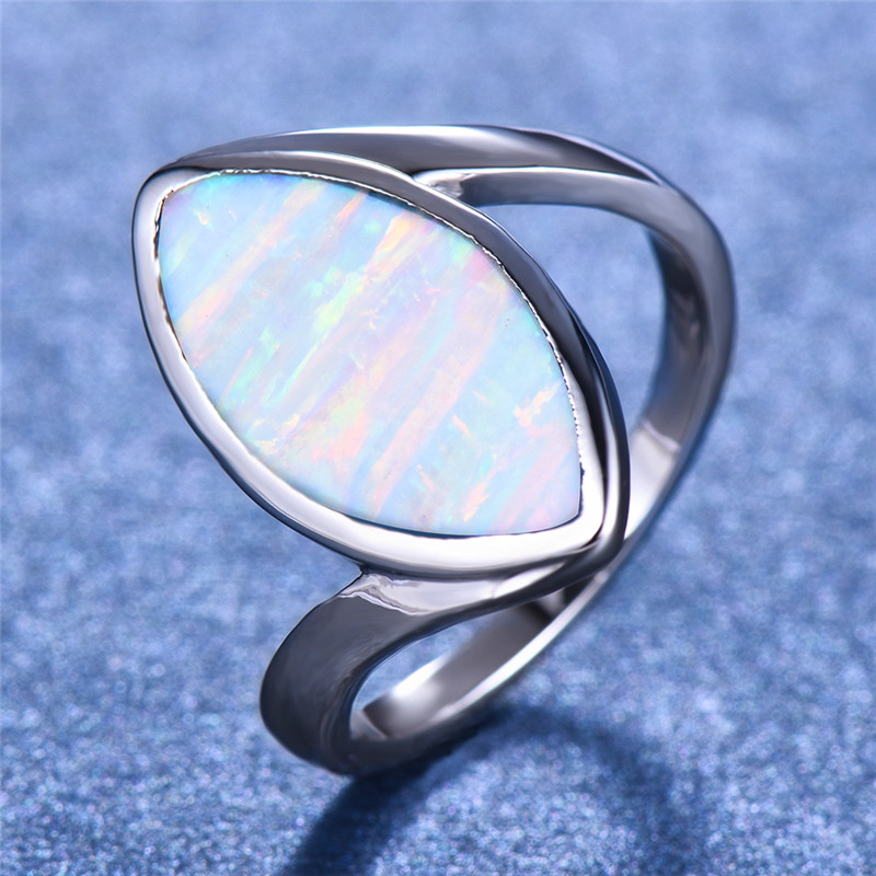 

Boho Male Female Blue White Fire Opal Ring Silver Color Wedding Band Ring Jewelry Promise Love Engagement Rings For Women