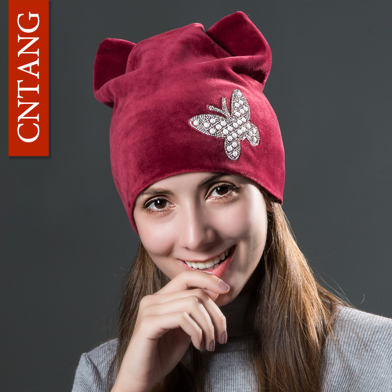 

CNTANG Fashion Cute Butterfly Rhinestone Women Hats With Cat Ears Flannel Beanies Autumn Winter Warm Velvet Cats Caps For Girls, White