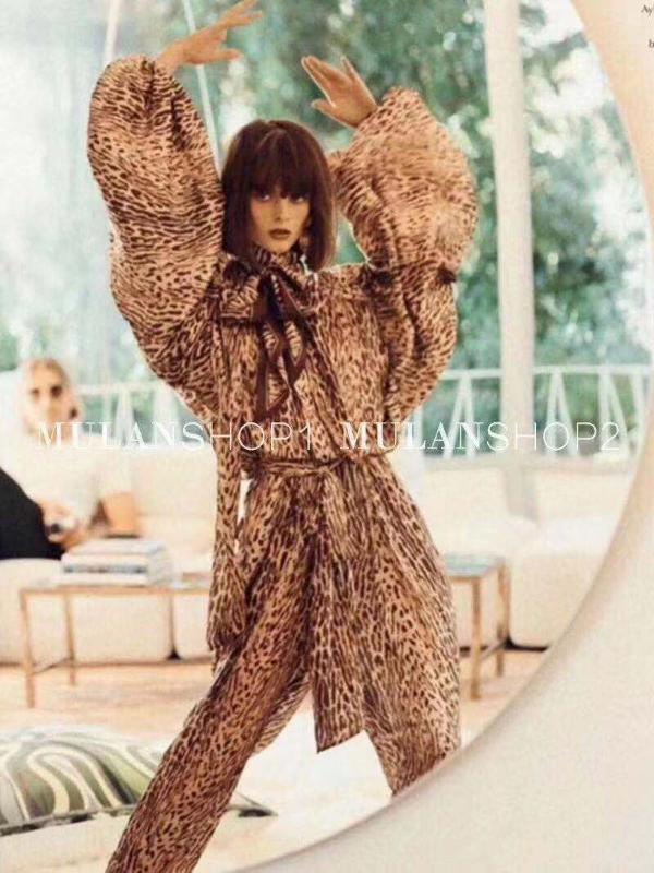 

DEIVE TEGER LADY Chiffon Bat Sleeves Leopard print shirt&pants lady fashion 2 piece set, Multi