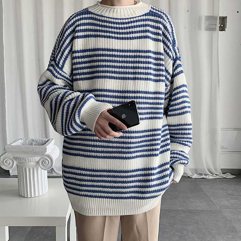 

Harajuku Sweater Men Hip Hop Blue Striped Sweaters Hand Korean Version Pullover Sweater 2020 Solid Color Men Clothing