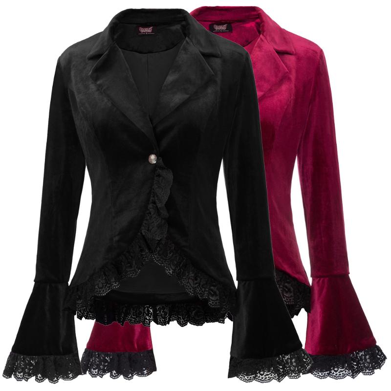 

Vintage Coat Women' Tops Gothic Victorian Long Sleeve Lapel Collar Lace Trim Velvet Coat Punk Evening Party Retro Elegant Slim, Black