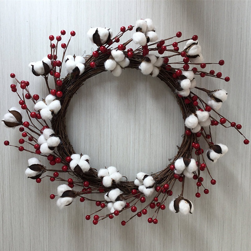 

Natural Cotton Boll Red Berries Twig Wreath 2020 New Design Christmas Festive Door Decoration, White