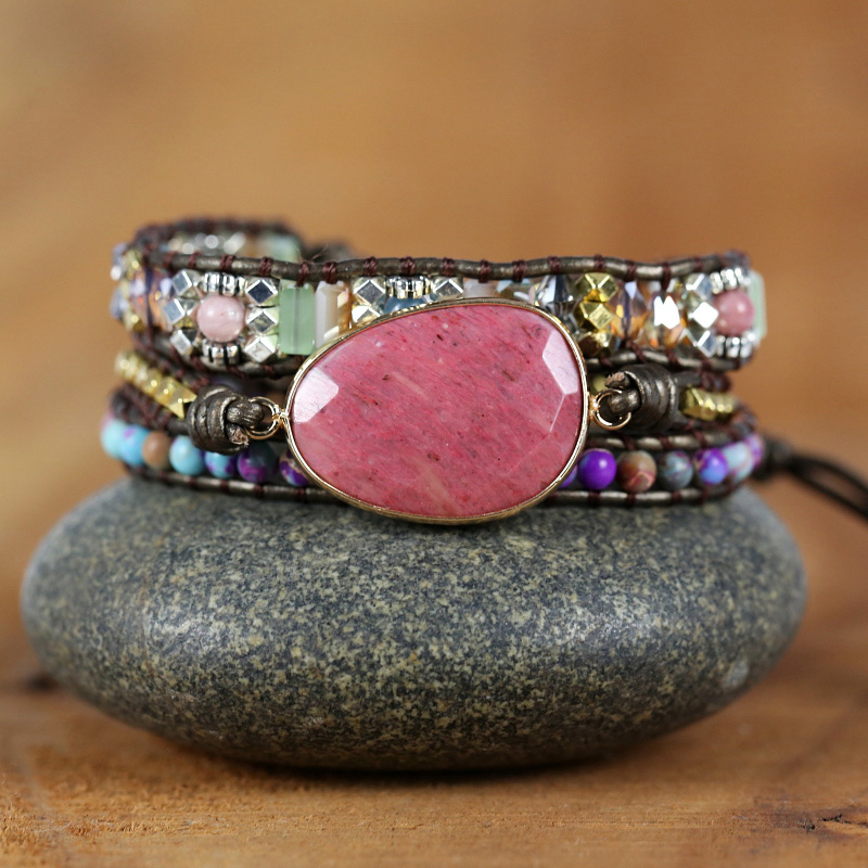 

Exclusive 3 Strands Leather Wrap Bracelet natural Stone Multi Color Bohemian Beads Crystal Weaving bracelet wrap Gifts