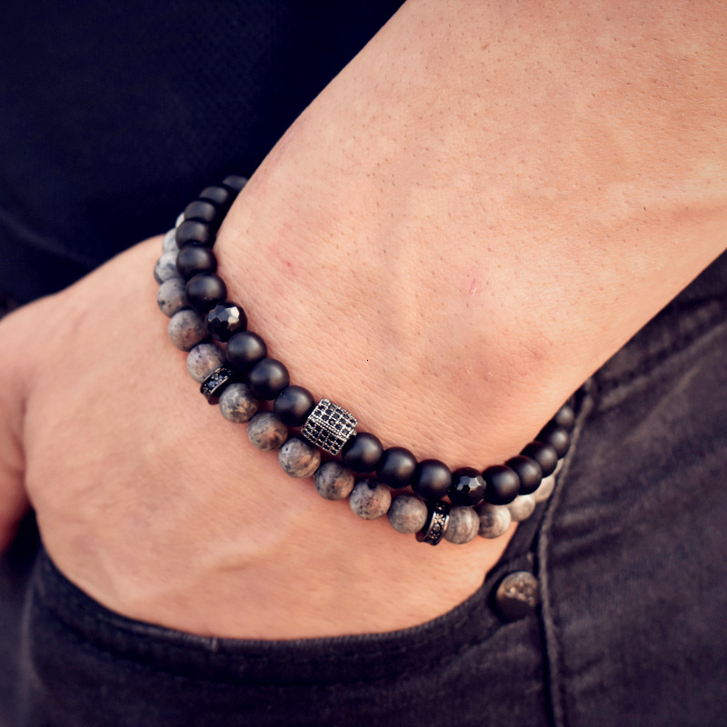 

Trendy Column Gray Black Stone Bead Bracelet Men Geometric 8mm Stone Handmade Strand Men Bracelet Jewelry Gift