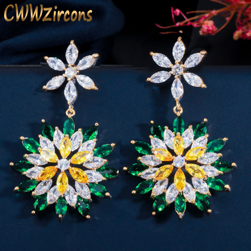 

CWWZircons Beautiful Green Emerald Yellow Topaz Luxury Big Long Dangle Drop Flower Wedding Party Earrings for Women CZ616