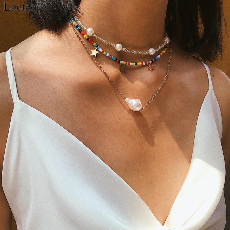 

Lacteo Korean Multi Layer Imitation Pearl Short Chain Choker Necklace Women Fashion Colorful Bead Collar Necklace Female Jewelry