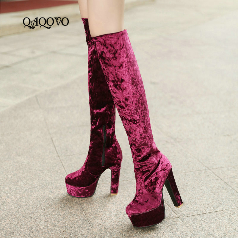 

Corduroy Over the Knee Boots Women Fashion Sqaure High Heels Platform Boots Zipper Long Autumn Winter Shoes Woman 2020 New, Black