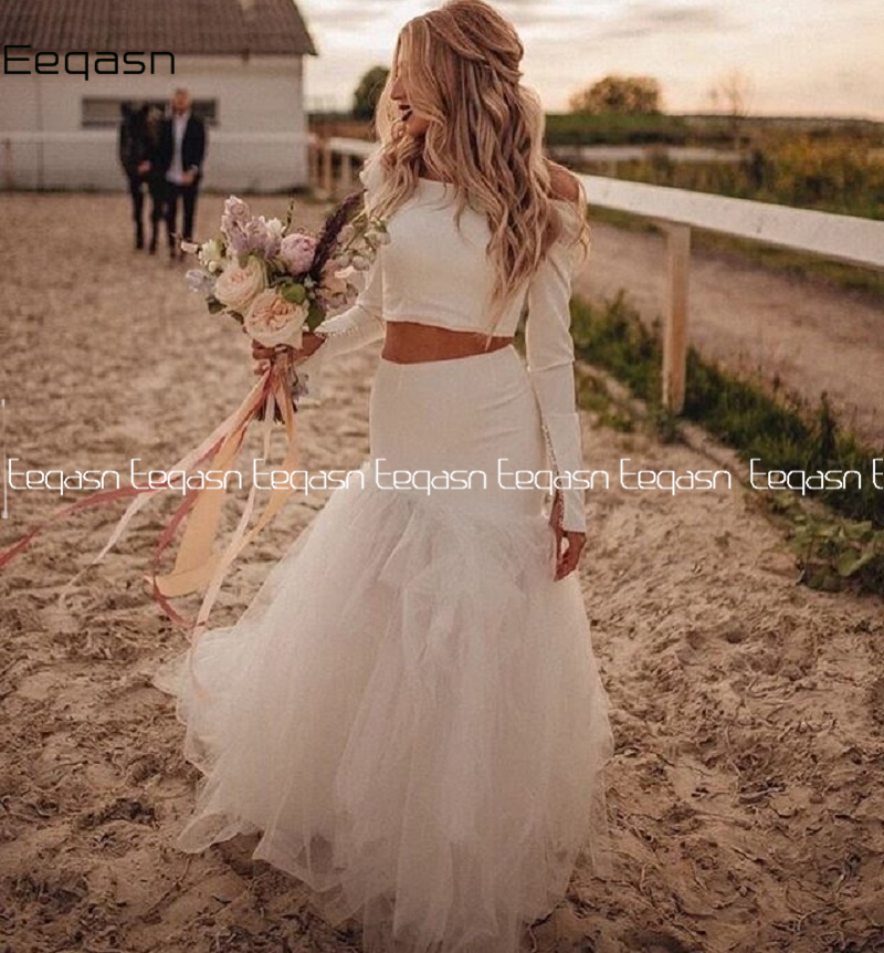 

Eeqasn Vintage Two Piece Wedding Dress Long Sleeve Off The Shoulder Beach Bridal Dresses 2020 robe Custom Made, White