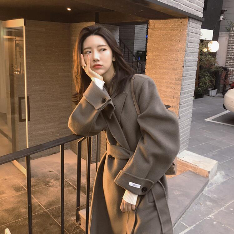 

2020 Korean Winter Fashion Plus Size New Double-sided Woolen Jacket High End V Neck Loose Lacing Belt Long Coat Women, Black