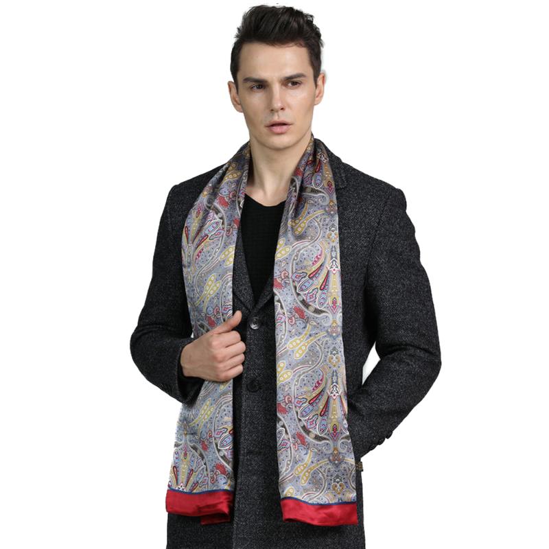

100% Silk Scarf Men Double Layer Long Print Neckerchief Business Cravat 175*27CM