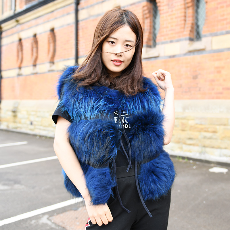 

CX-G-B-103F Womens Genuine Raccoon Fur Leather Jacket Real Fur Vest, Black