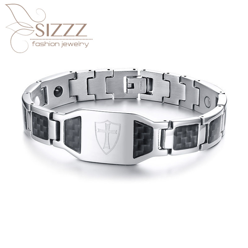

SIZZZ 2020 Stainless steel carbon fiber laser cross magnetic bracelet&bangles for men