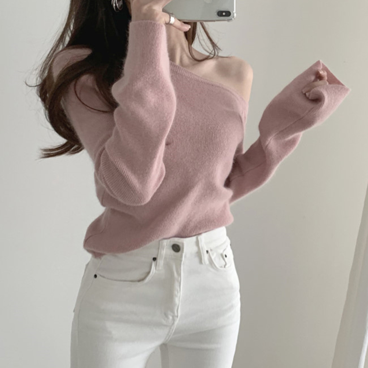 

ZCWXM New 2020 Autumn Winter Women Knitted Pullovers Casual Slash Neck Sexy Sweater Fashionable Wild Ladies Jumpers, Pink