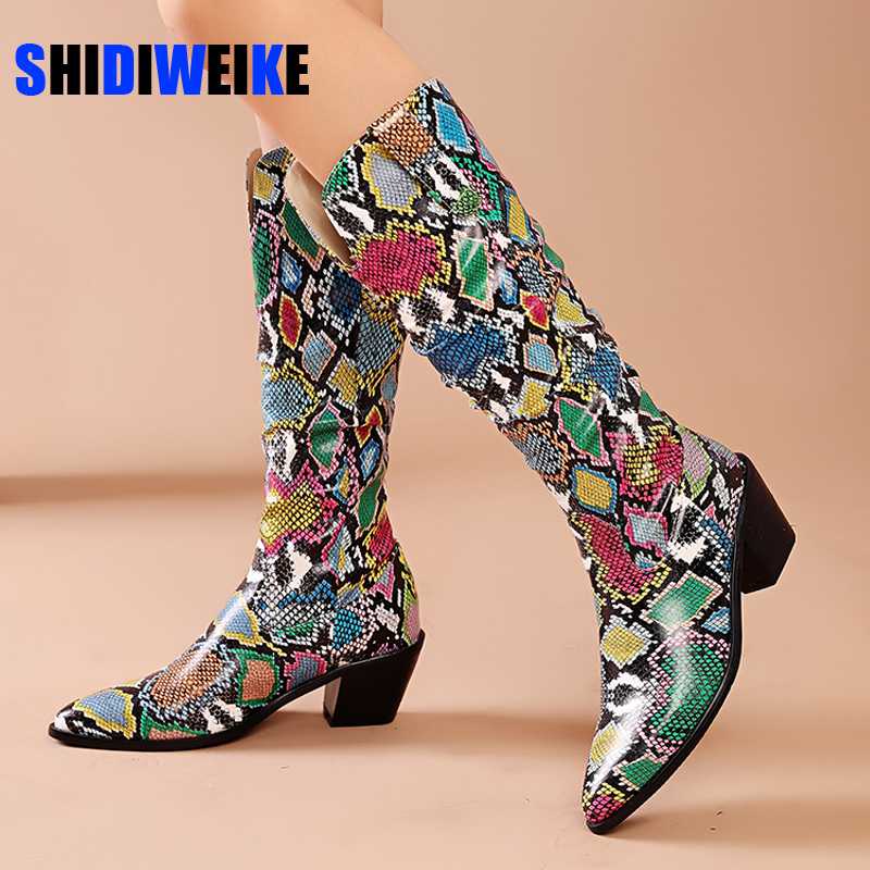 

Western Cowboy Knee High Boots Snake Print Women Boots Fashion Strange Style High Heels Long Autumn Winter Woman Shoes, White