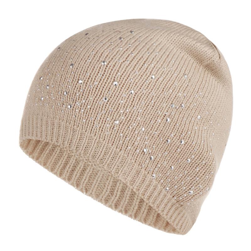 

Solid Autumn Winter Leisure Diamond Decoration Stretch Bonnet Ladies Women Beanie Soft Skullies Casual Knitted Cap Elegant Warm, White